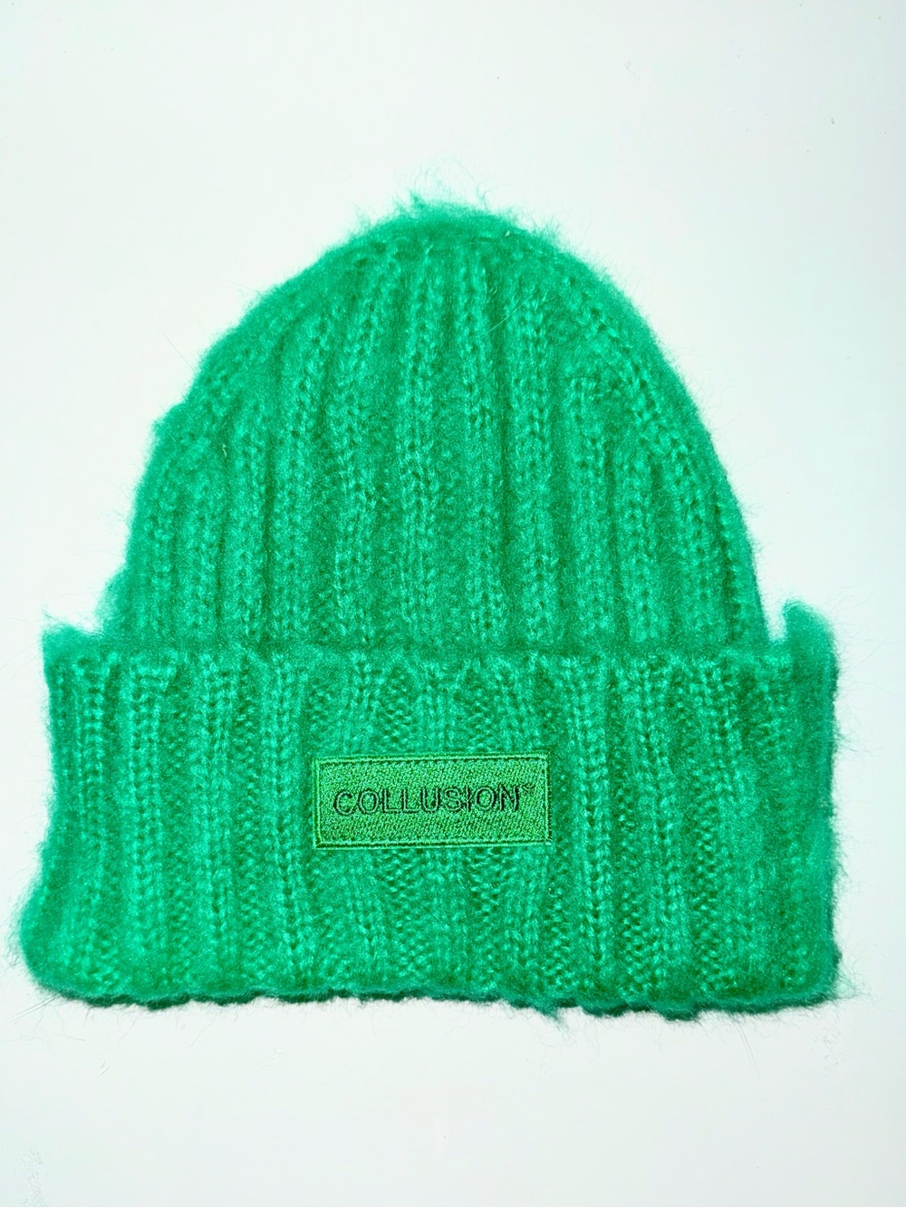 COLLUSION Unisex Fluffy Yarn Beanie with Tonal Logo in Bright Green